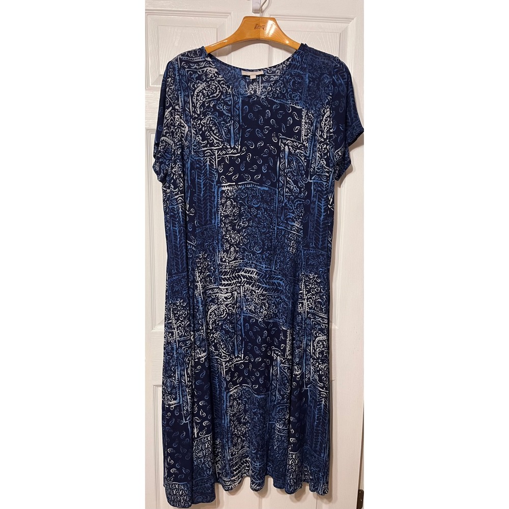 Woman Within 2X Blue Crinkle Patchwork Paisley Rayon T-Shirt Dress Plus Size